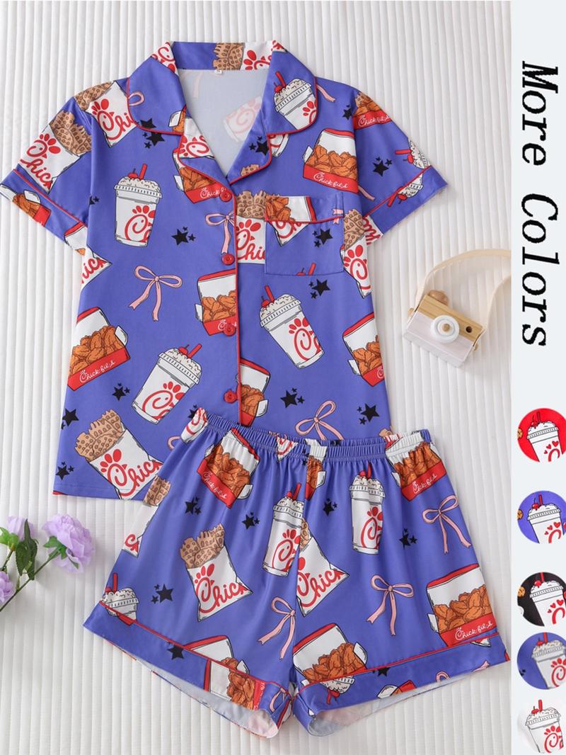 2-Piece Vegetable Print Women's Pajama Set, Button-Up Short Sleeve Top and Comfortable Shorts, Elegant Sleepwear for All Seasons