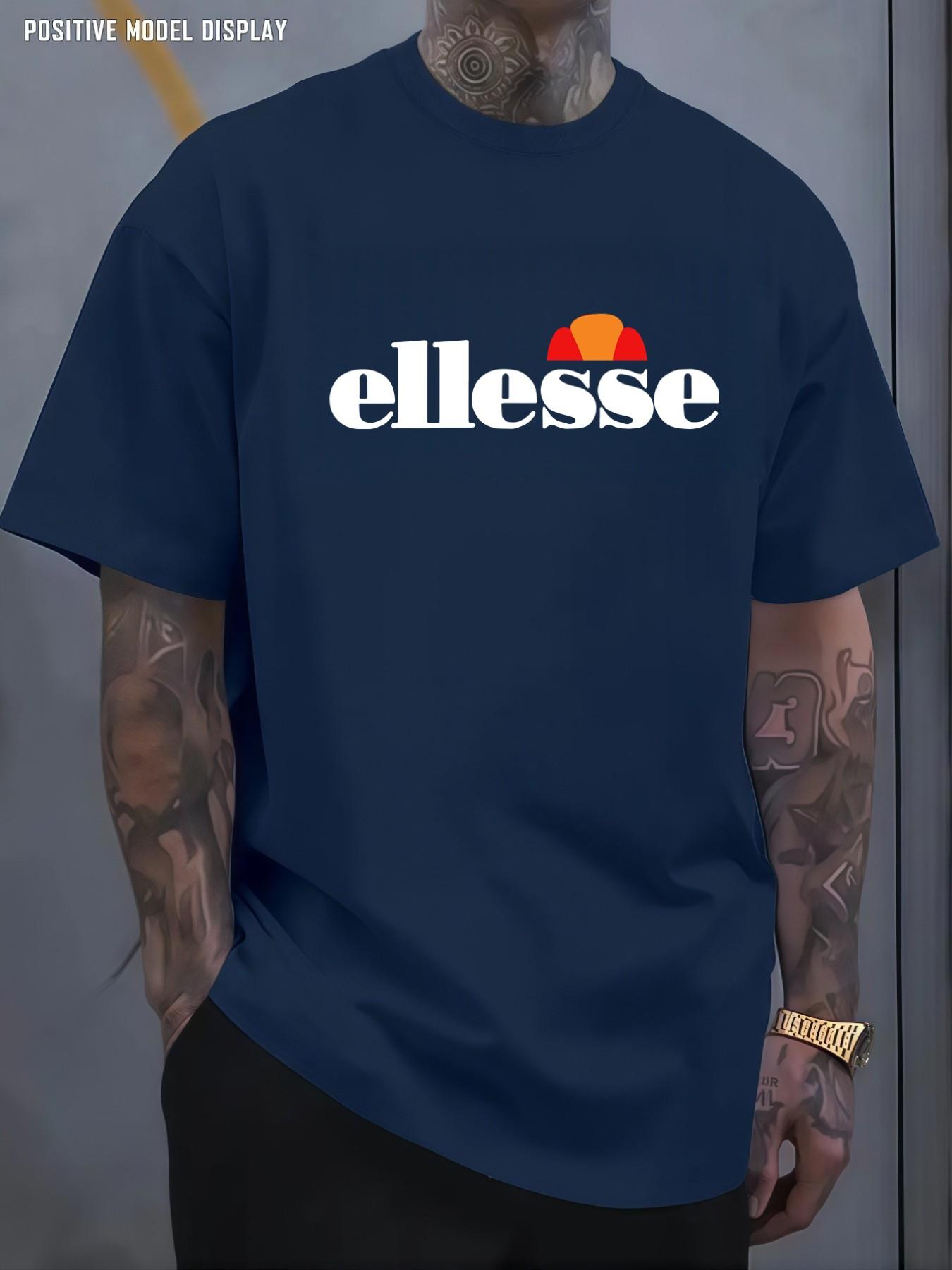 Men's Vintage Street T-Shirt, Fun Letter Ellesse Pattern Print, Loose Round Neck, Lightweight Comfort, Casual Wear for All Seasons