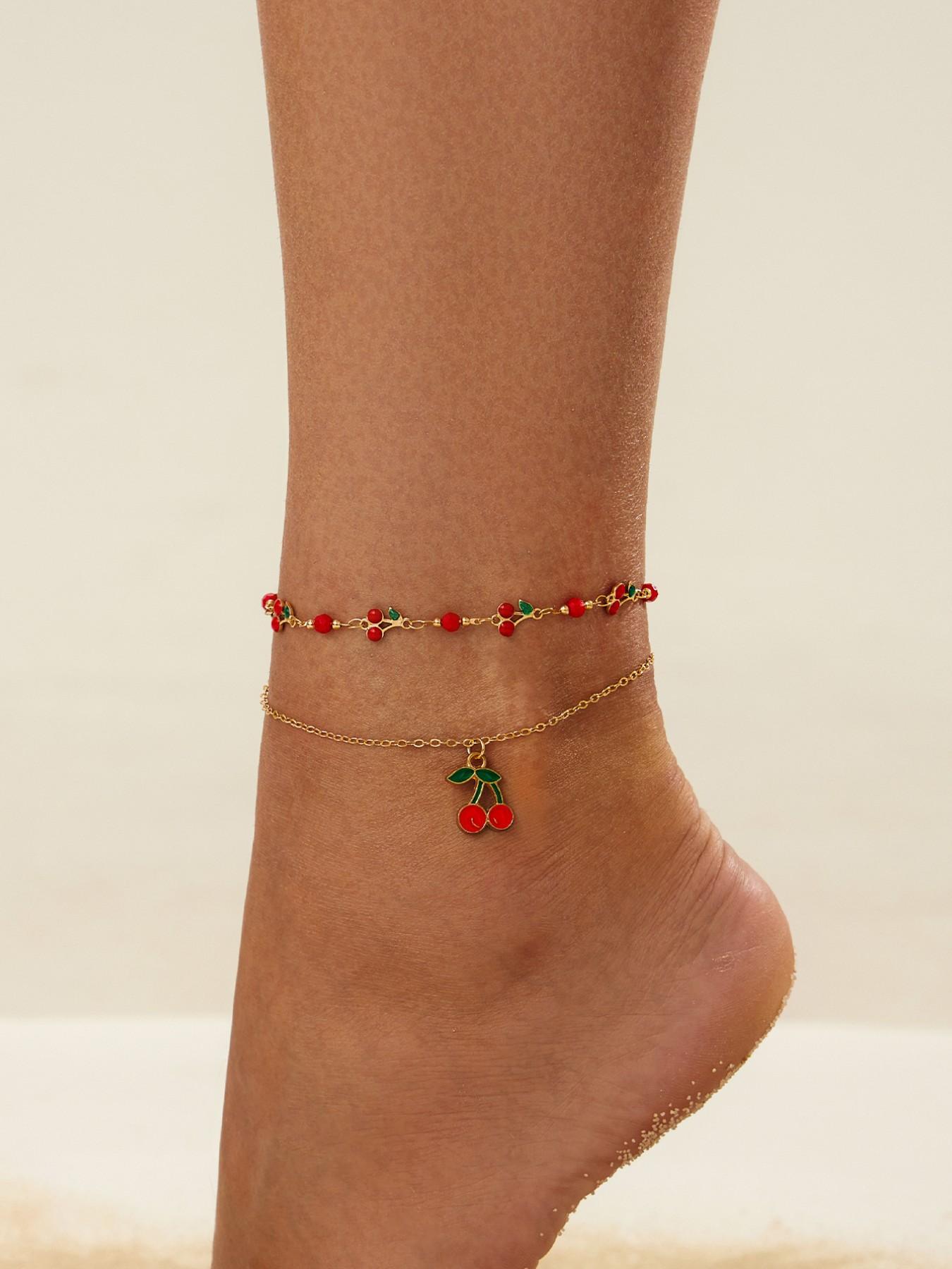 Beaded Multi-Layer Anklet Set, Cherry Design, Cute Style, Zinc Alloy Material, Spring Summer Fashion Accessory