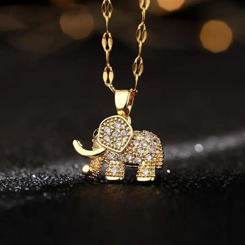 Unisex Minimalist Elegant Gold-Plated Animal Necklace - Dainty Elephant Cubic Zirconia Pendant, Metal-Coating Layering Jewelry, Luck & Positivity Symbol, for Daily, Party Wear (Indoor Recreation Accessory), Symbolizes Luck & Positivity