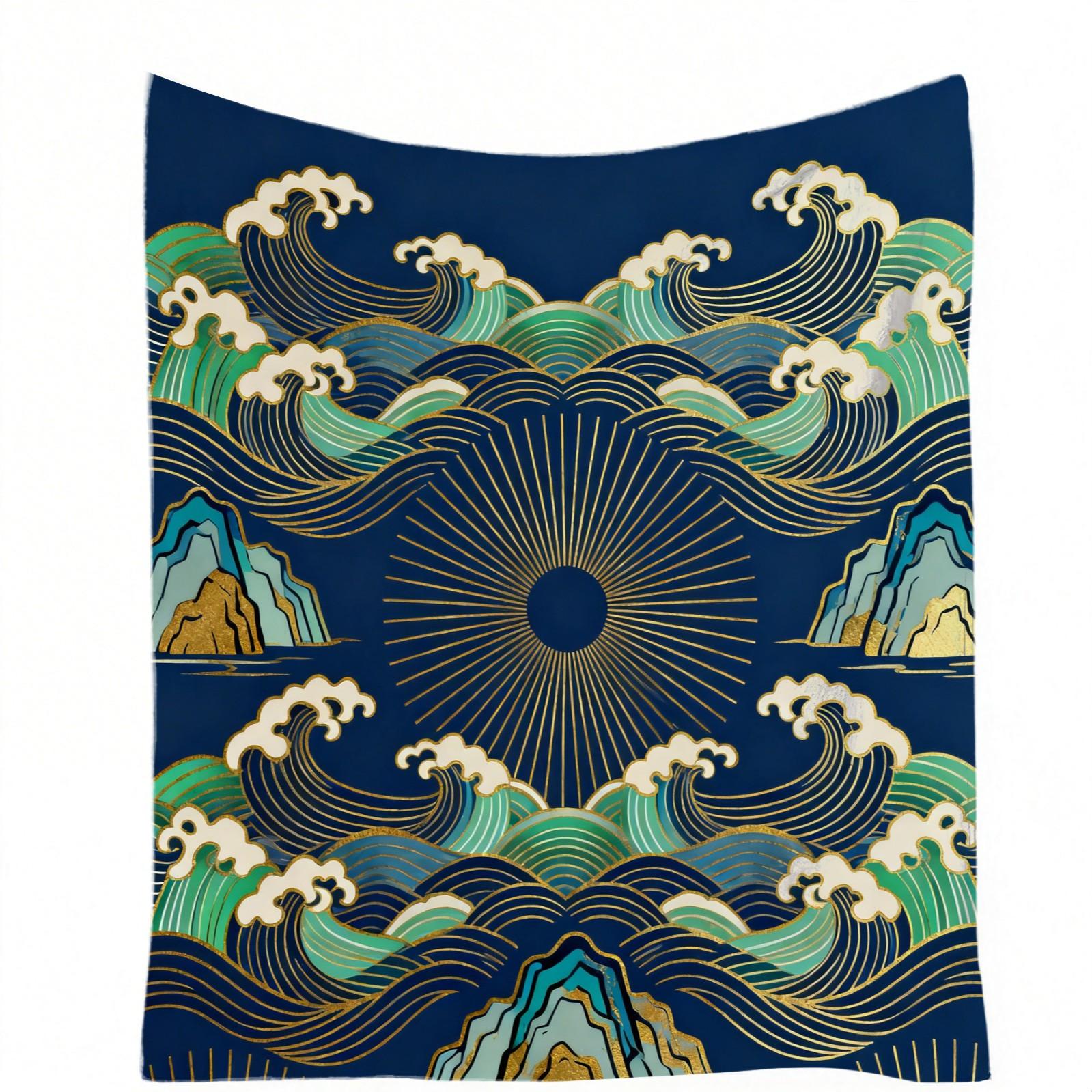 1 Piece Japanese Wave Sun Blanket, Navy Blue Gold Foil Great Wave HD Digital Single-Sided Print Flannel Throw Blanket, Super Soft Plush Warm Blanket for Couch Bed Travel, Multipurpose Cozy Gift Blanket