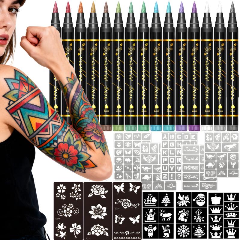 Temporary Tattoo Markers for Skin,With Stencils,Body Markers,10/15/30Colors Tattoo Pens,Flexible Brush Tip, Bright colors, Face Paint Kit Cosmetic Quality,Halloween makeup