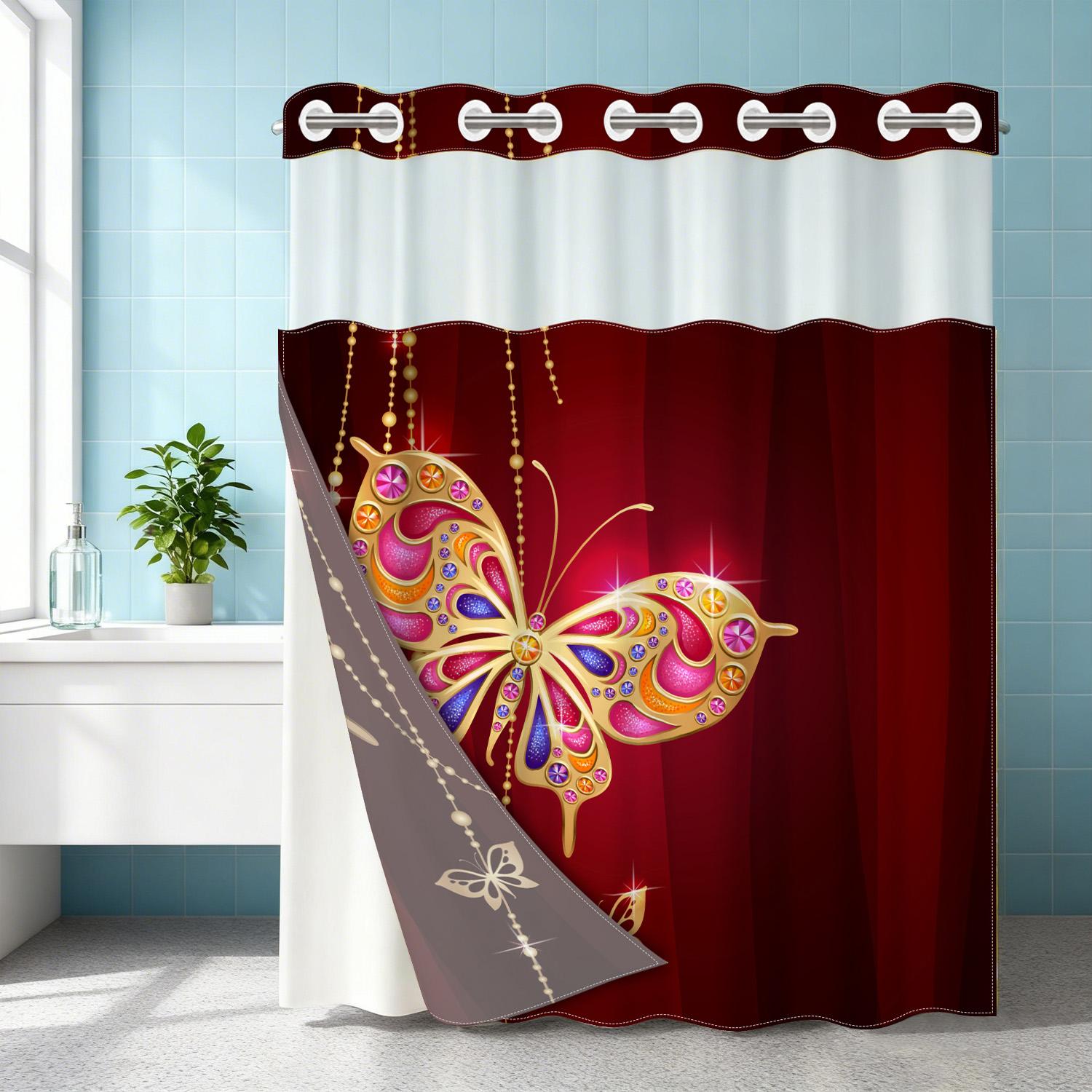 1PC double-layer large ring shower curtain, gold inlaid diamond butterfly pattern, shower curtain, high-end quick drying hanging curtain, bathroom, curtain, waterproof, mildew proof curtain