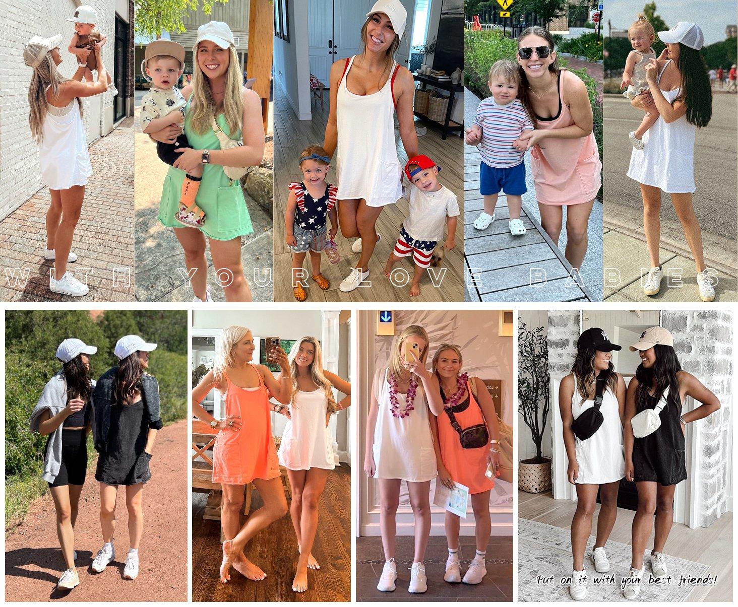 Tanming Women's Athletic Sleeveless Mini Dress with Built-in Shorts V Neck Spaghetti Strap Short Tennis Dress with Pockets Casual Mom Life Postpartum Style