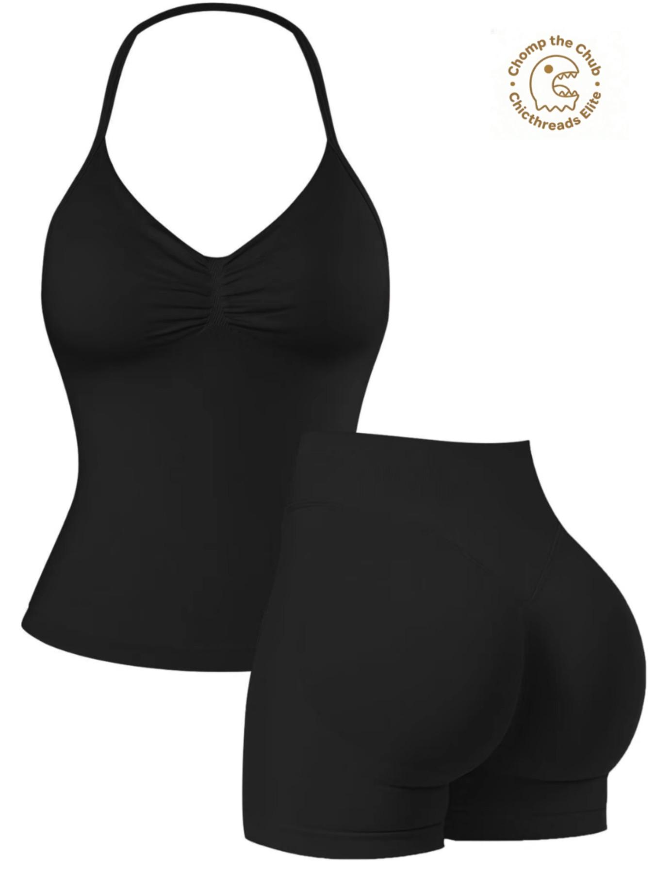 Bootie Lifting & Snatched Waist Yoga Set, Halter Ruched Top + High Waist Sculpting Shorts, Ideal for Gym, Yoga, Activewear, Gym Workout Set, High Stretch Sporty, Gym Clothes Workout