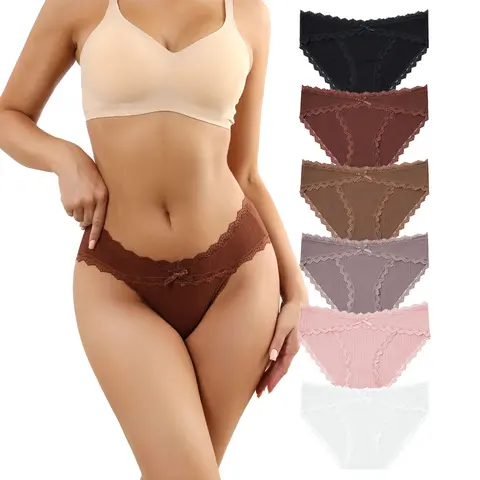 LEVAO Women's 6-Pack Low-Rise Cute Lace Bikini Hipster Panties - Pure Cotton Elastic Fit Romance Underwear, Lightweight, Breathable, Elastane-Blend, Easy-Care New Year Essentials
