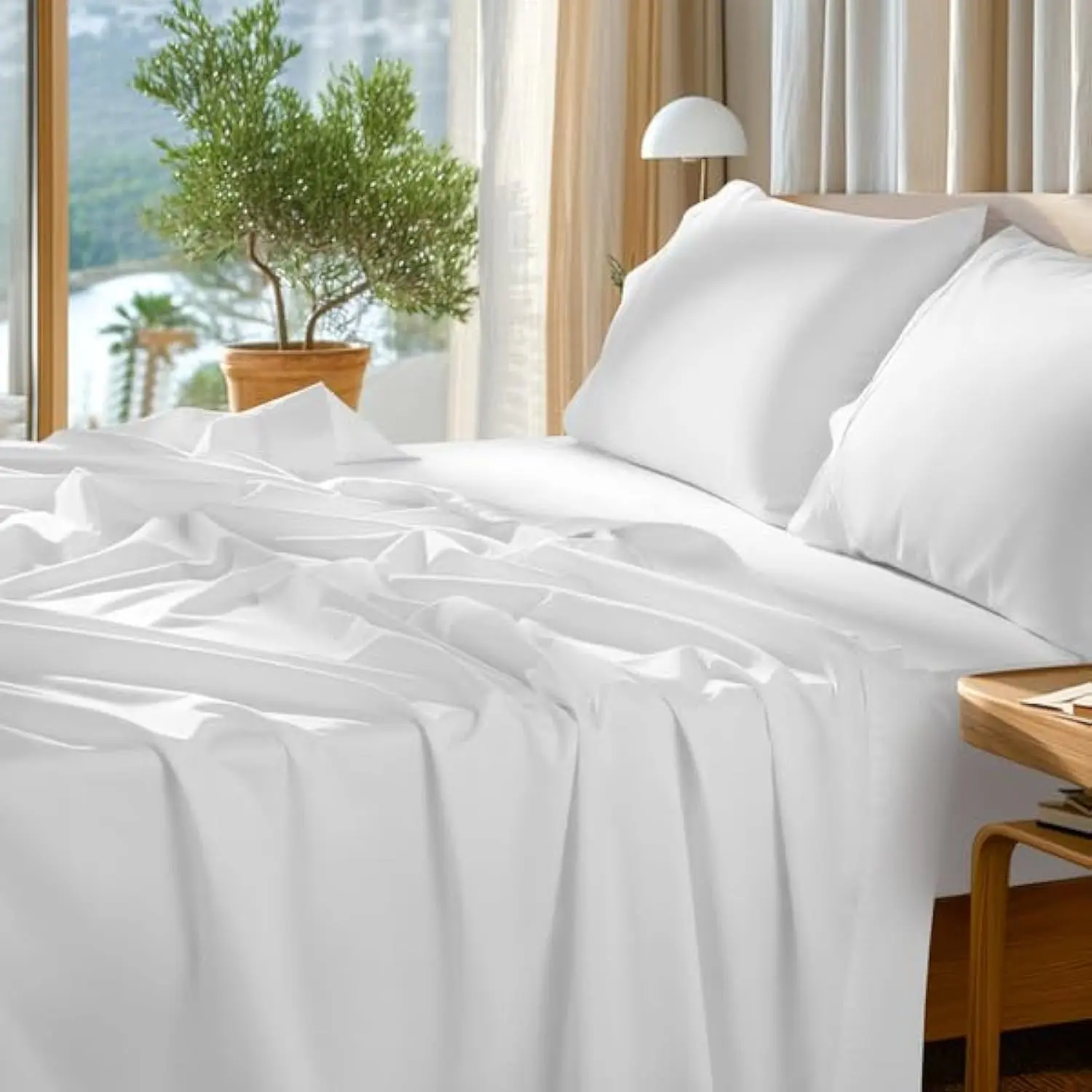 100% Egyptian Cotton Sheets Set - 1000 High Thread Count, Luxury 5-Star Hotel Sateen Bed Sheets, Soft, Breathable Long Staple Sheets, Fit up to 16", 4 PC (White, Queen)