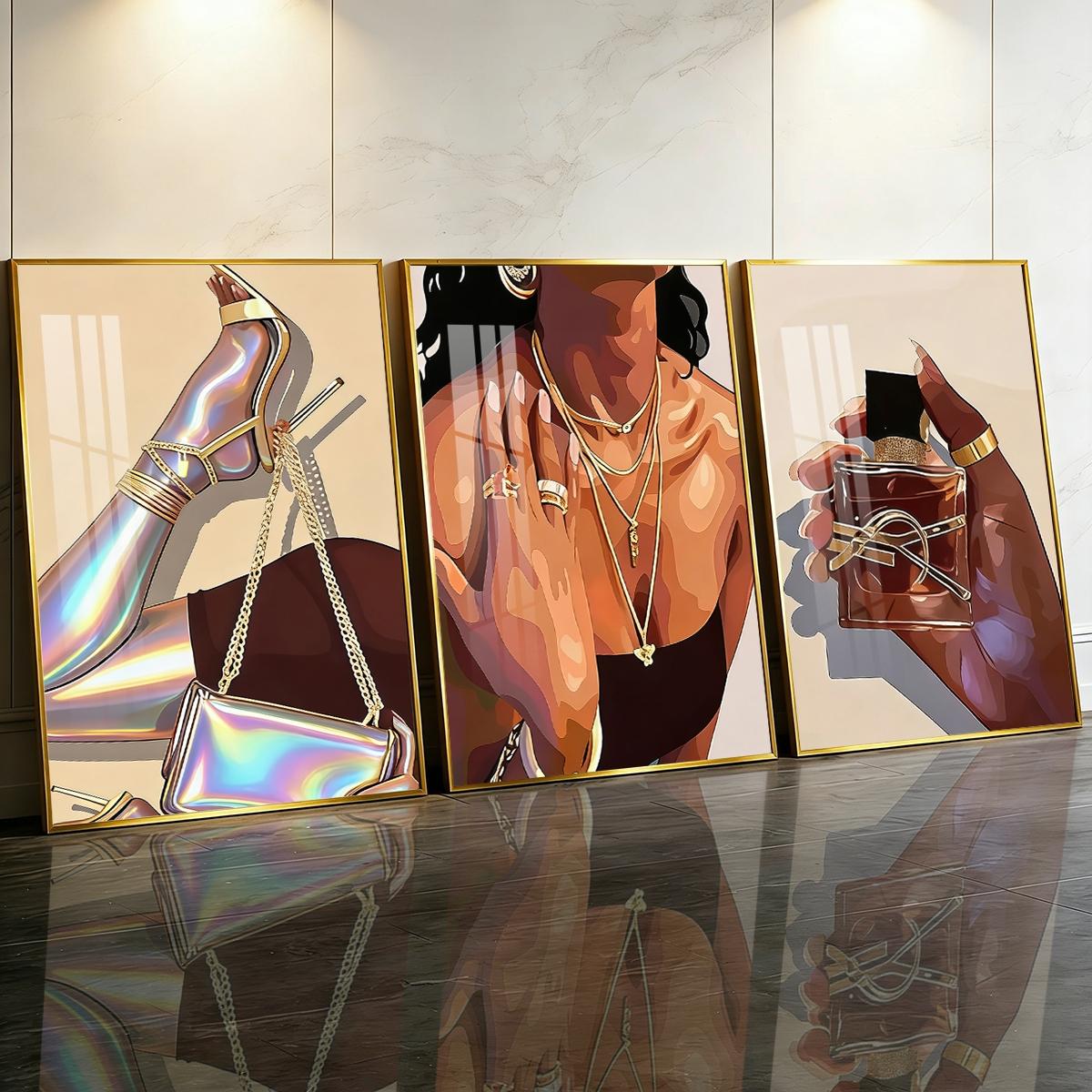 3 Counts Aluminum Alloy Framed Painting, Fashion Woman With Gold Jewelry And Perfume Art Pictures, Home Decoration For Living Room, Bedroom, Office, Restaurant, Hallway Wall Decor, Odorless Print Artwork, Luxury Perfect Gift For Friends And Family