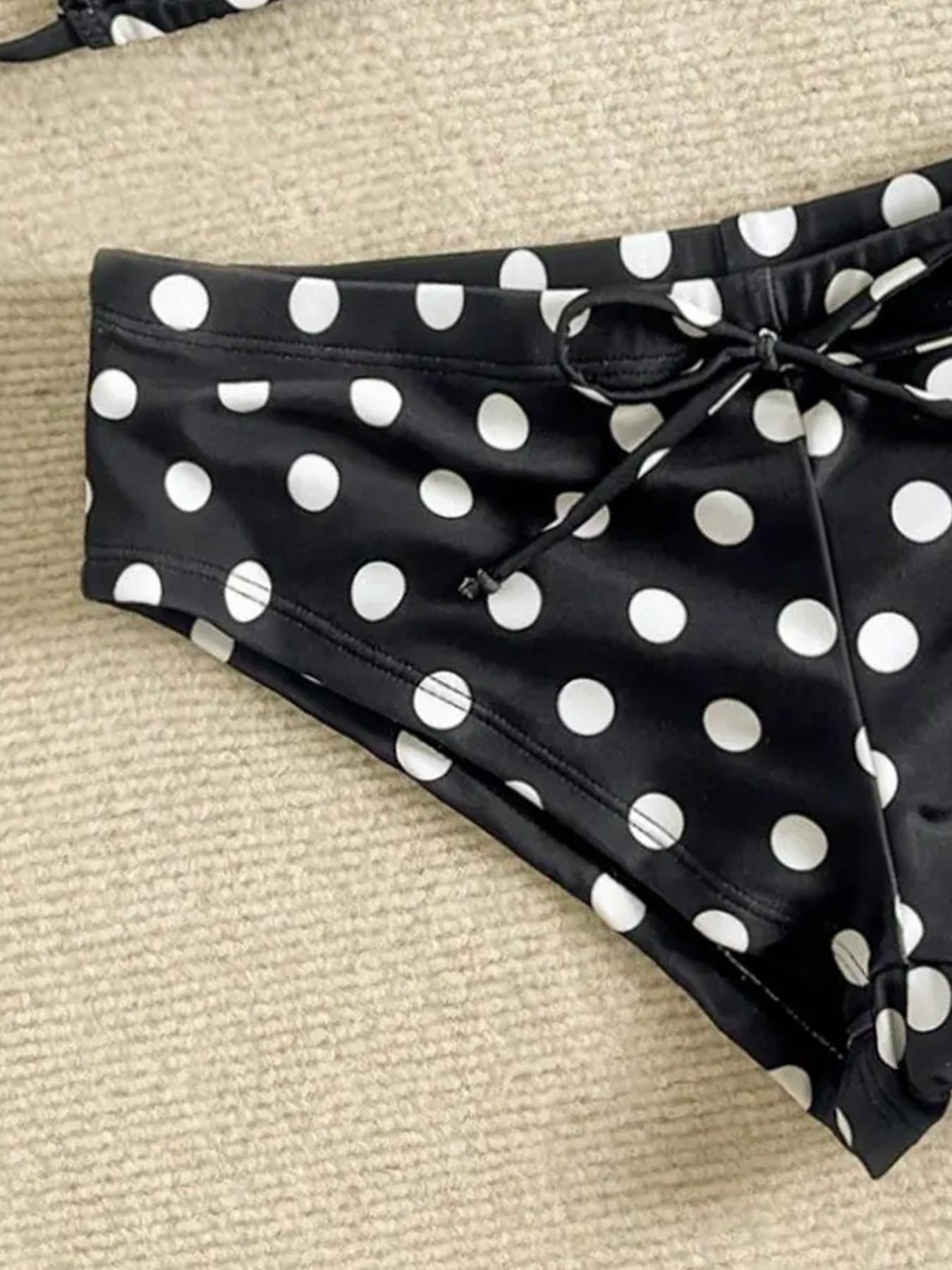 Women's Two-Piece Swimsuit Set, Vacation Beach Wear, Swimsuit Style Bikini, Comfortable Fit, Sexy Halter Polka Dot Bow, Ideal for Pool Party