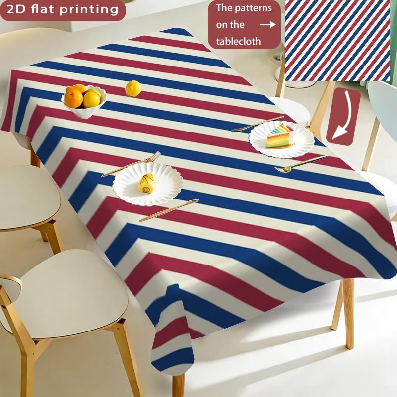 Blue Striped Tablecloth, Polyester, Washable, Kitchen Dining Outdoor Picnic Garden Party Decor