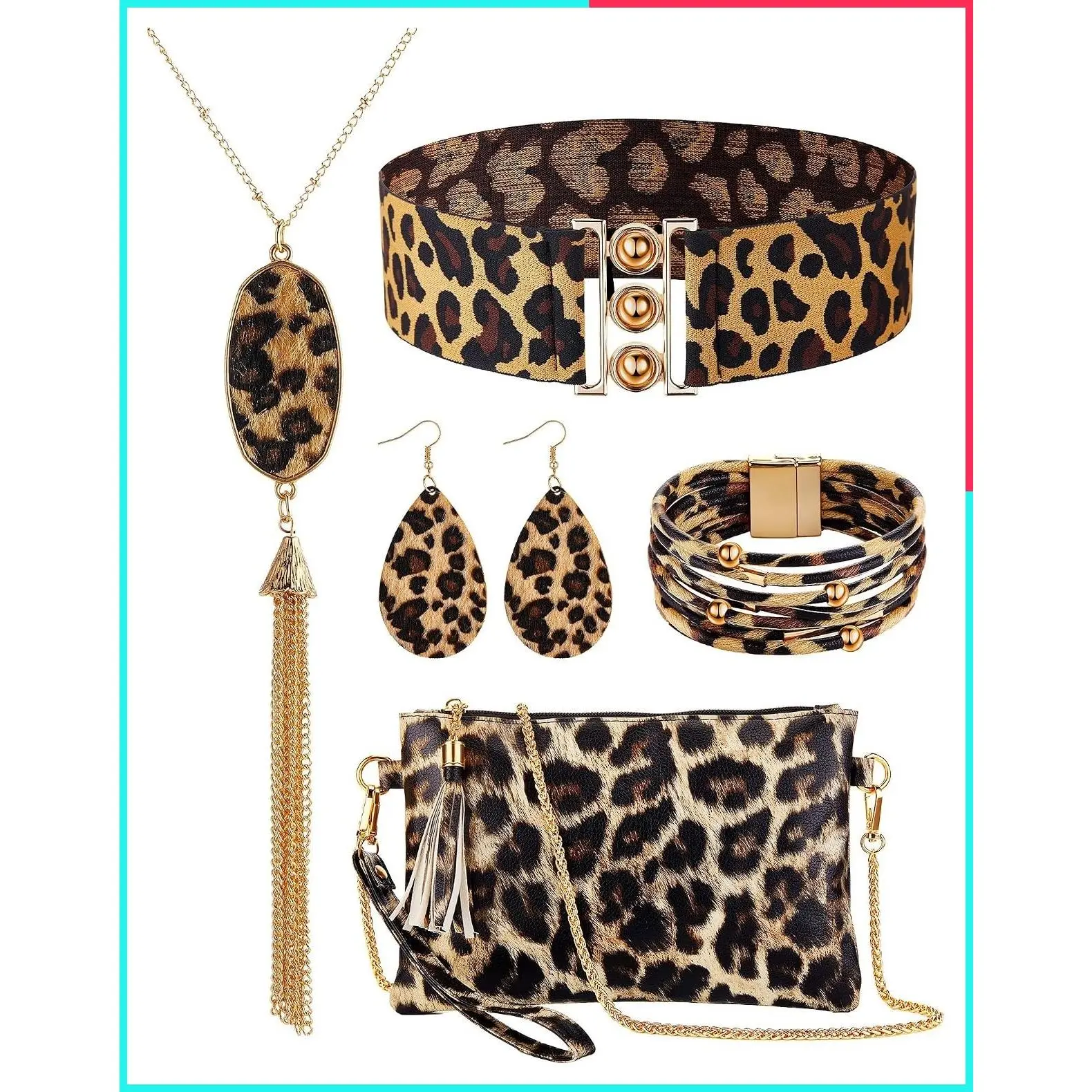6 Pcs Leopard Print Jewelry Set for Women - Earrings, Bracelet, Necklace, Cheetah Purse Clutch, Boho Belt for Cosplay Party