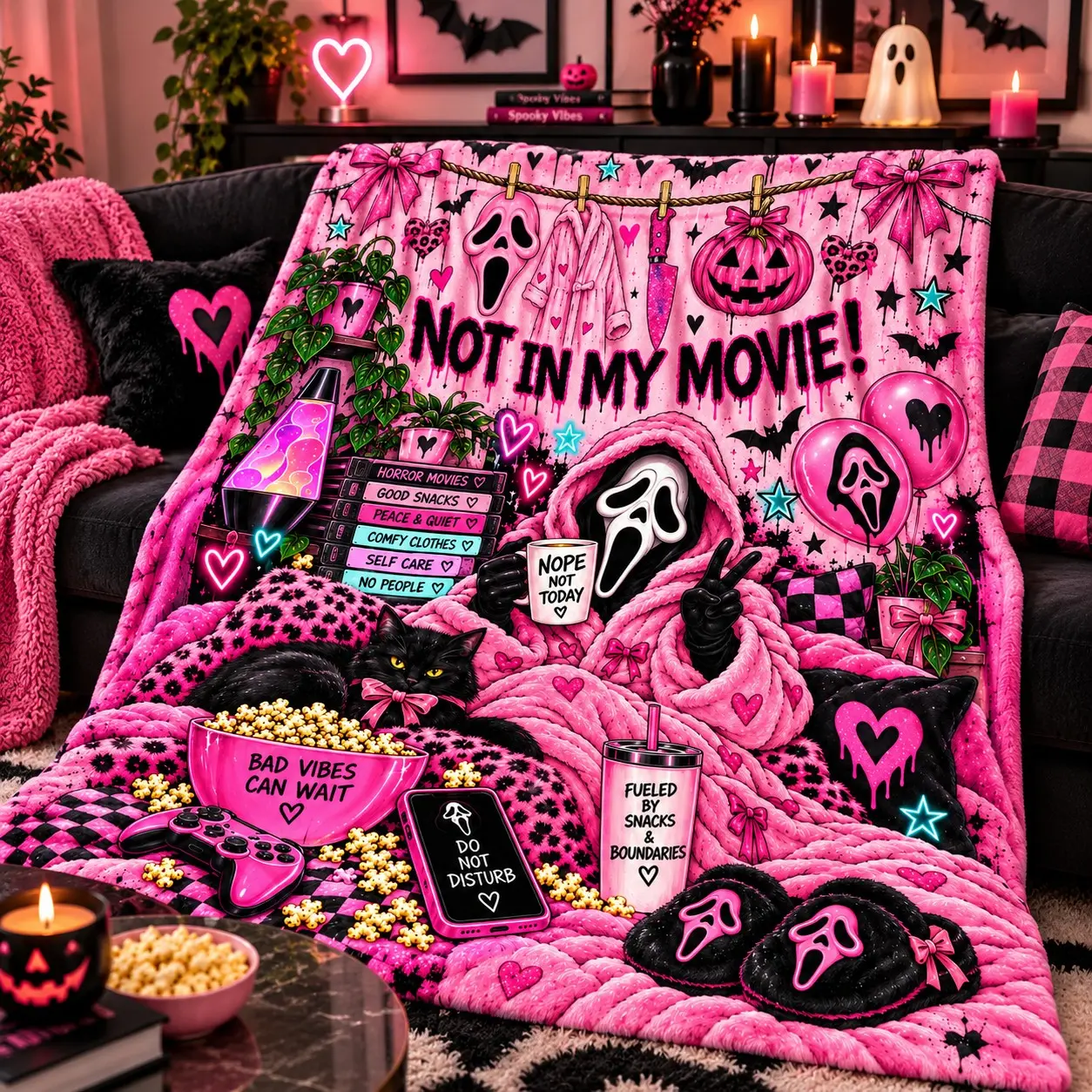 Pink Horror Movie Ghost Face Flannel Throw Blanket, Cozy Spooky Halloween Goth Home Decor, Soft Warm Cuddle Blanket for Bedroom Sofa Couch Travel Camping Gift