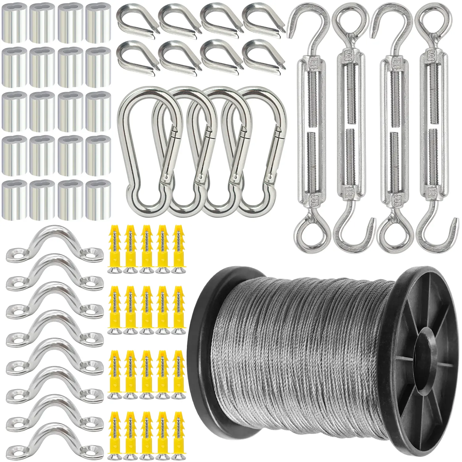 String Light Hanging Kit, Guide Wire For Outdoor String Lights, Shade Sail Hardware Kit, With 164 Ft Stainless Steel 304 Wire Rope