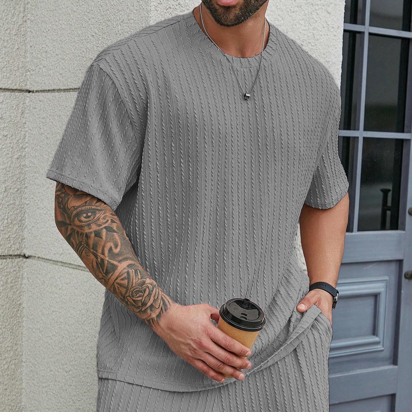 KZZ Men's Premium 2-Piece Plain Casual Shorts Set - Solid Textured Drop Shoulder Round Neck Tee & Drawstring Shorts, Relaxed Loose Fit, Machine Washable, Fashion Spring Summer Menswear, Christmas Gifts for Him