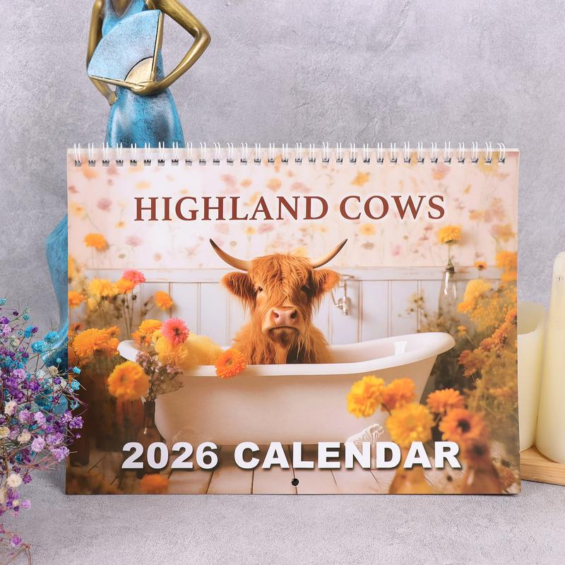 2026 Highland Cow Doodle Typography Calendar, Cute Monthly Planner, Fun Farm Animal Theme, Perfect Gift for Animal Lovers, High-Quality Print, Artistic Design