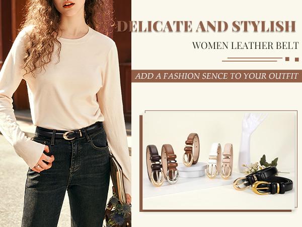 JASGOOD Women Leather Belt for Jeans Pants Fashion Ladies Skinny Faux Leather Belt with Gold Buckle