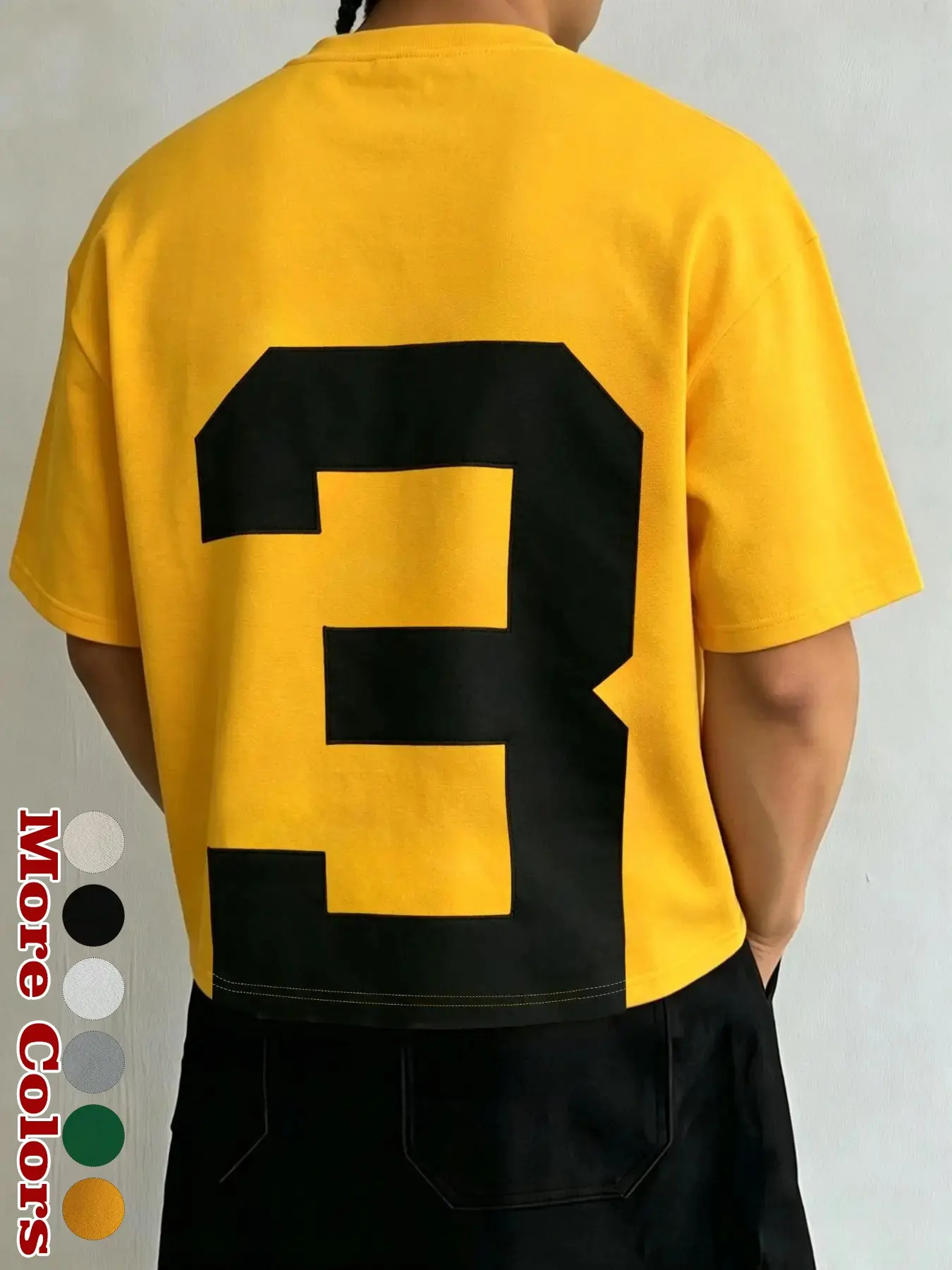 Men's Oversized Cropped Number 3 Patch Print T‑Shirt, Yellow Streetwear Back Graphic Tee, Casual Crew Neck Short Sleeve, Trendy Sports Top for Gen Z