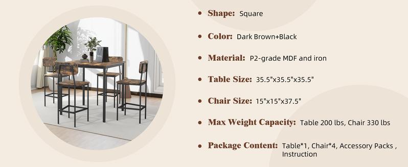 Dining Table Set for 4, Retro Kitchen Table and Chairs Set for 4, Metal Frame, Space-Saving Table and Chairs Set of 4 for Small Place, Living Room, Breakfast Nook