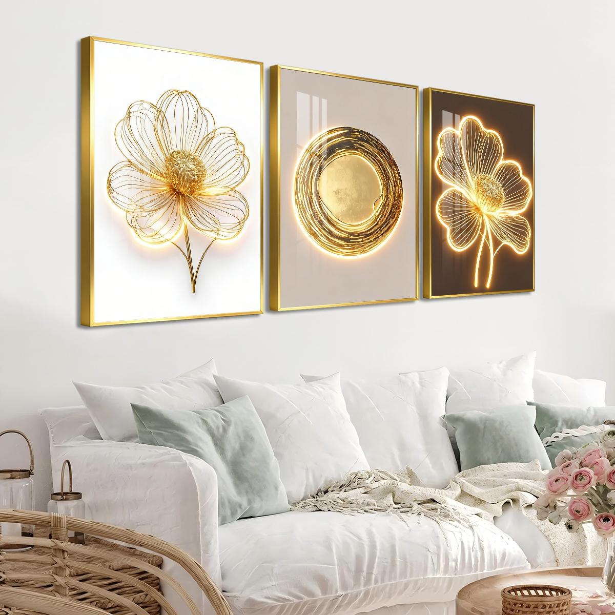 3 Counts Aluminum Alloy Framed Painting, Golden Wire Flower And Sun Abstract Art Pictures, Home Decoration For Living Room, Bedroom, Office, Restaurant, Hallway Wall Decor, Odorless Print Artwork, Luxury Perfect Gift For Friends And Family