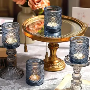 6pcs Blue Sunflower Straight Candle Holders, Transparent Organic Glass, Wedding, Valentine's Day, Hanukkah, Christmas, Home Decor Gifts