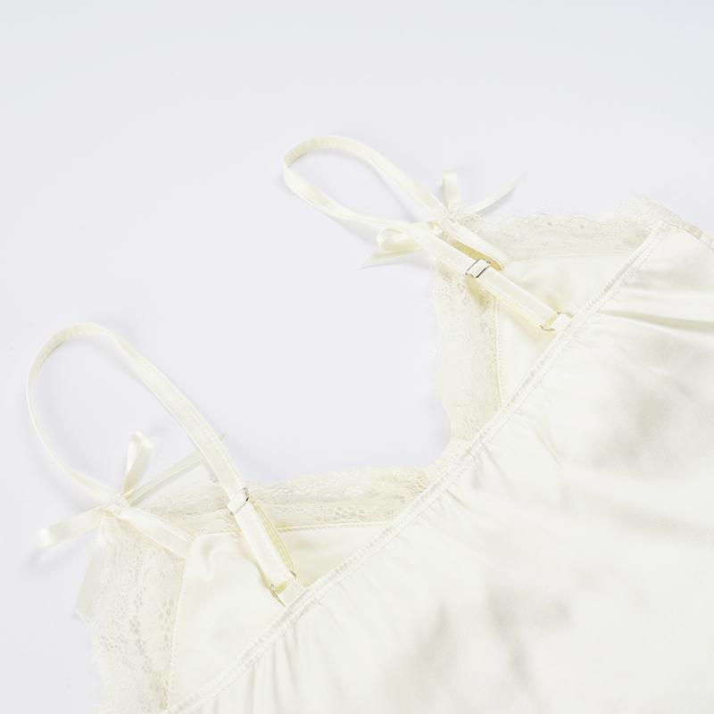 Elegant Satin Look Sleeveless Spaghetti Strap Crop Top with Contrast Lace and Bow, Y2K Aesthetic for Summer Fashion, Short Fit Casual Wear