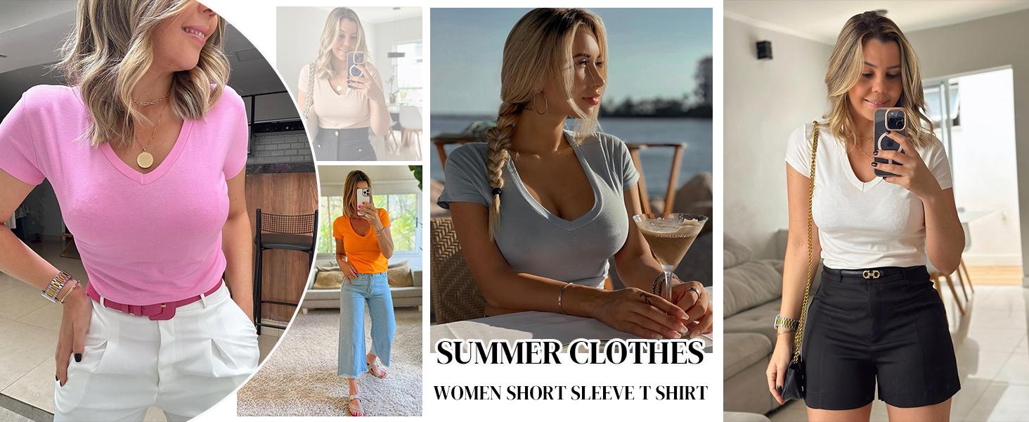 Beotyshow Womens Summer Sexy Short Sleeve Tshirt Tops Deep V Neck Shirts Casual Slim Fit Basic T-Shirt Tee