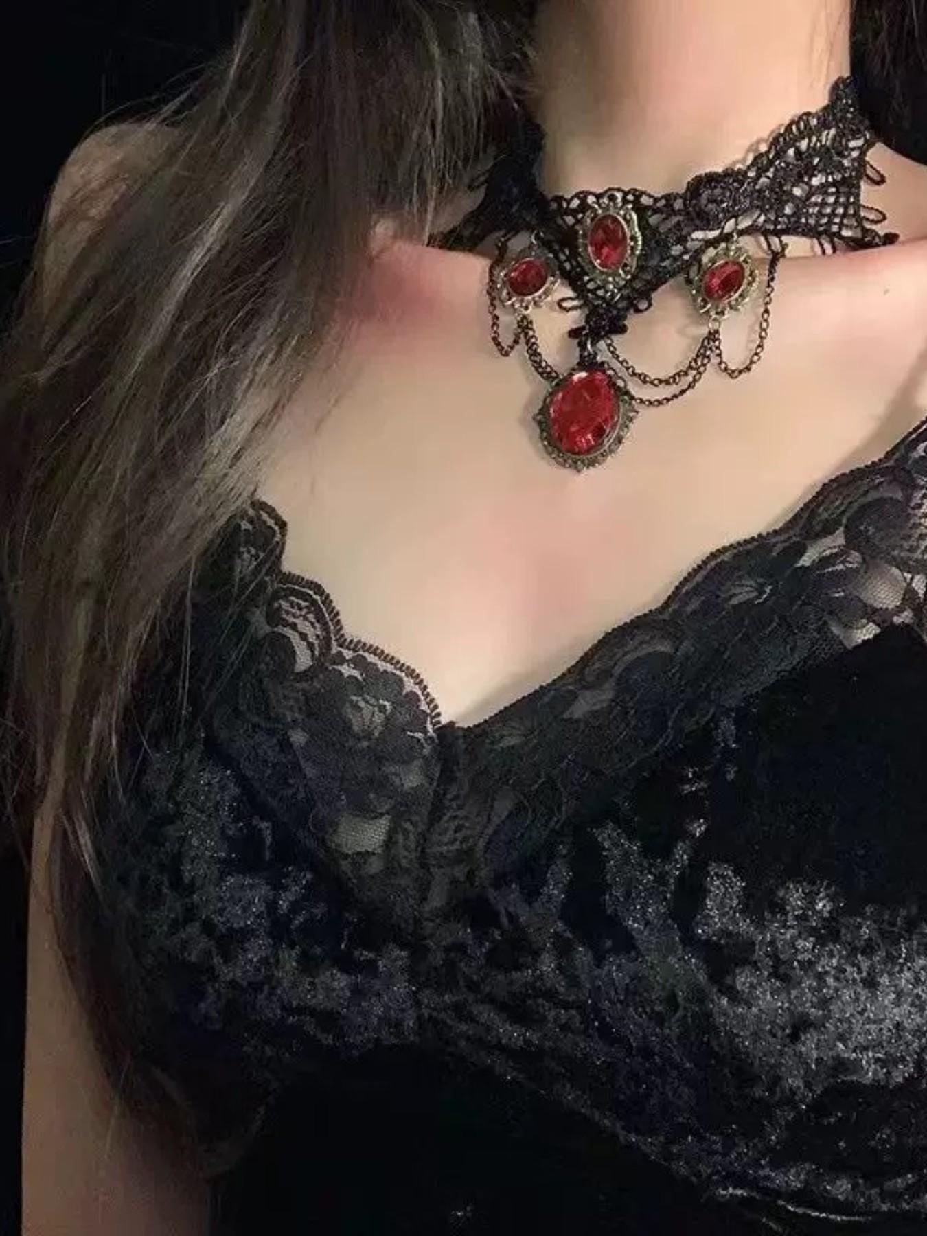 Vintage Court Necklace, Gothic Halloween Dark Princess Lace Choker, Unique Chain Print Accessory, Party Style, All Seasons