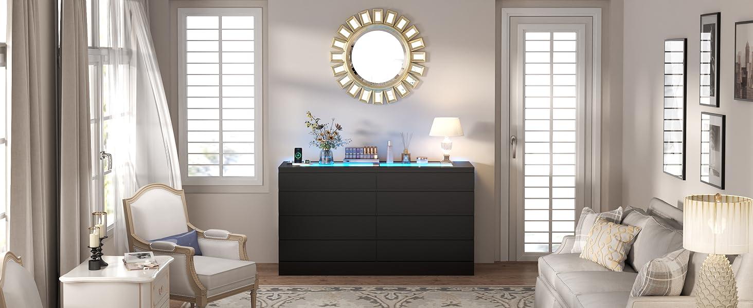 8 Drawer Dresser with Power Outlet and LED, White Dresser for Bedroom Chest of Drawer with Glass Top, Modern Double Wide Drawer Organizer Cabinet for Living Room