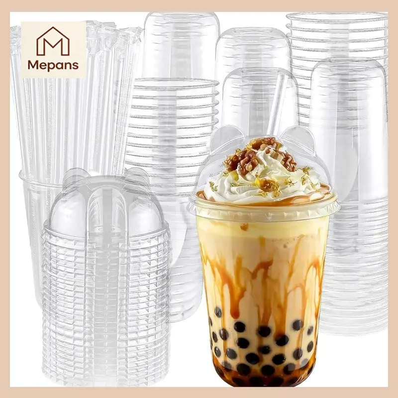 16oz Synthetic Disposable Plastic Drink Cups Set (100 Set Packs) with Panda Lids, Straws, Round Bottom, Iced Coffee/Milkshake/Juice Cups for Holiday Party, Outdoor Picnic Supplies