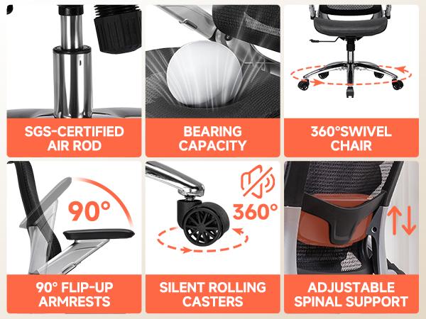 GTplayer Big and Tall Ergonomic Mesh Office Chair, High Back Home Desk Chair Computer Gaming Chair with Headrest, Flip-Up Arms, 90-125° Tilt Lock and Wide Cushion, Task Chair