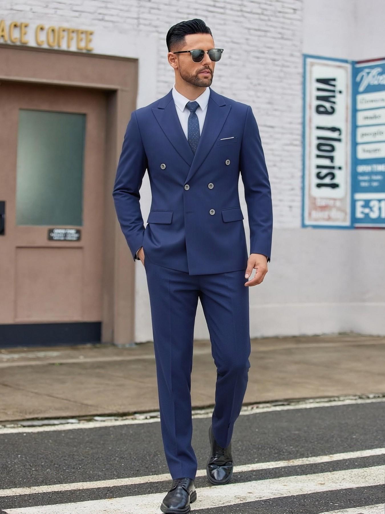Men's fashionable double-breasted slim-fit suits, high-quality business plain-color two-piece suits, groom and best man wedding gowns, formal attire for occasions, office professional suit sets, party and banquet evening gowns