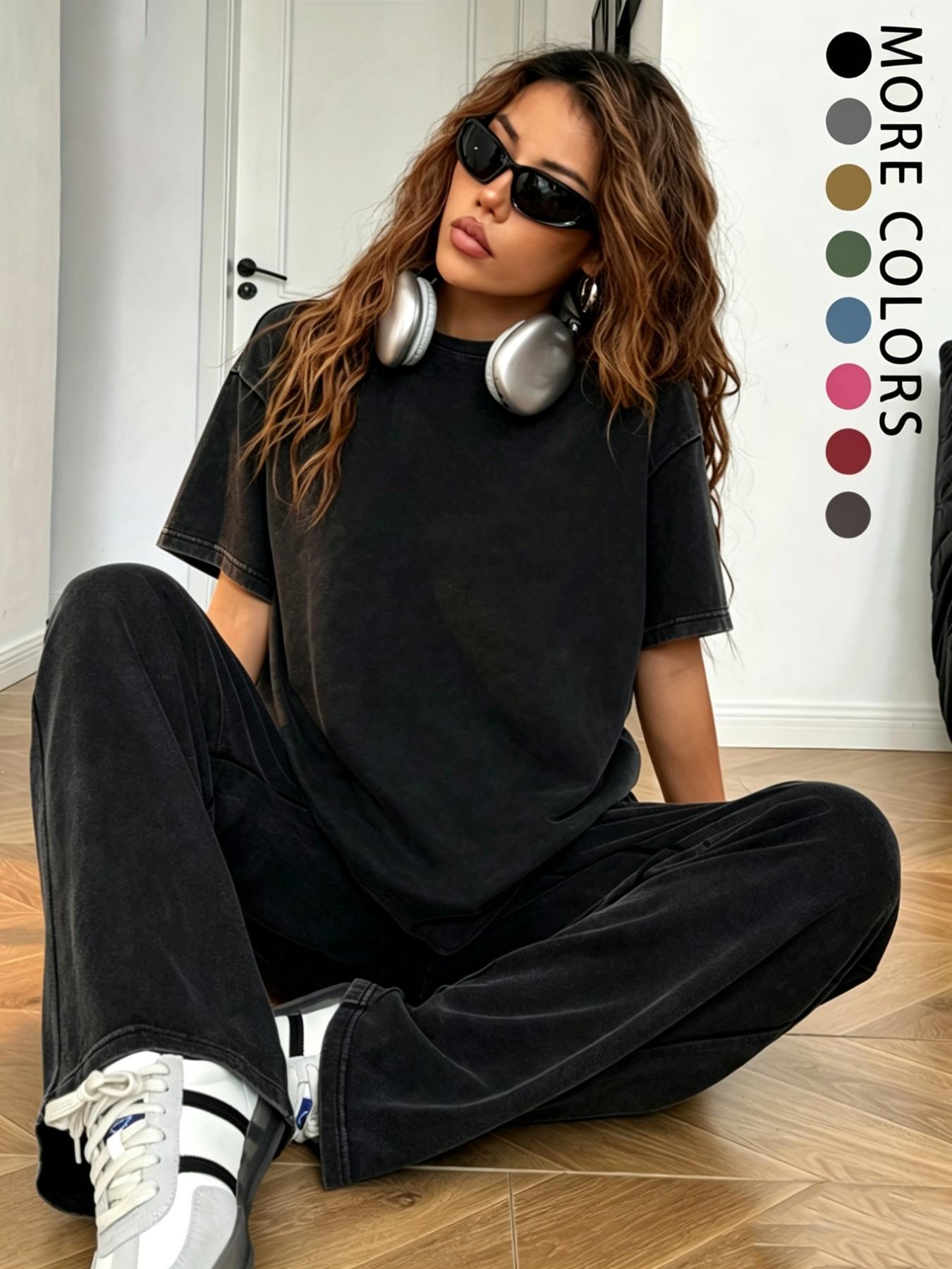 Vintage Acid Wash Knit Cotton Two-Piece Set for Women Loose Round Neck Short Sleeve Tee + Wide Leg Pants, Casual Streetwear Style