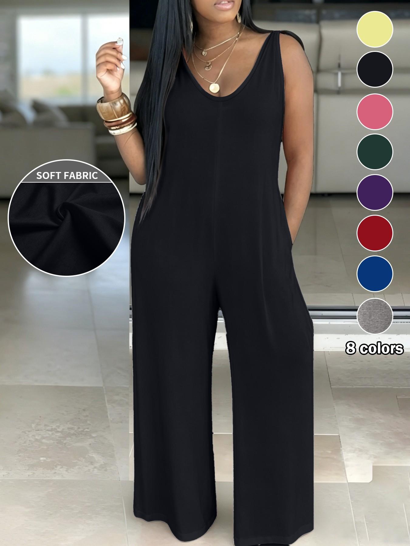 Plus Size Women's Casual Loose Simple Solid Sleeveless Pockets Wide-Leg Hooded Jumpsuits for Everyday Wear Basic