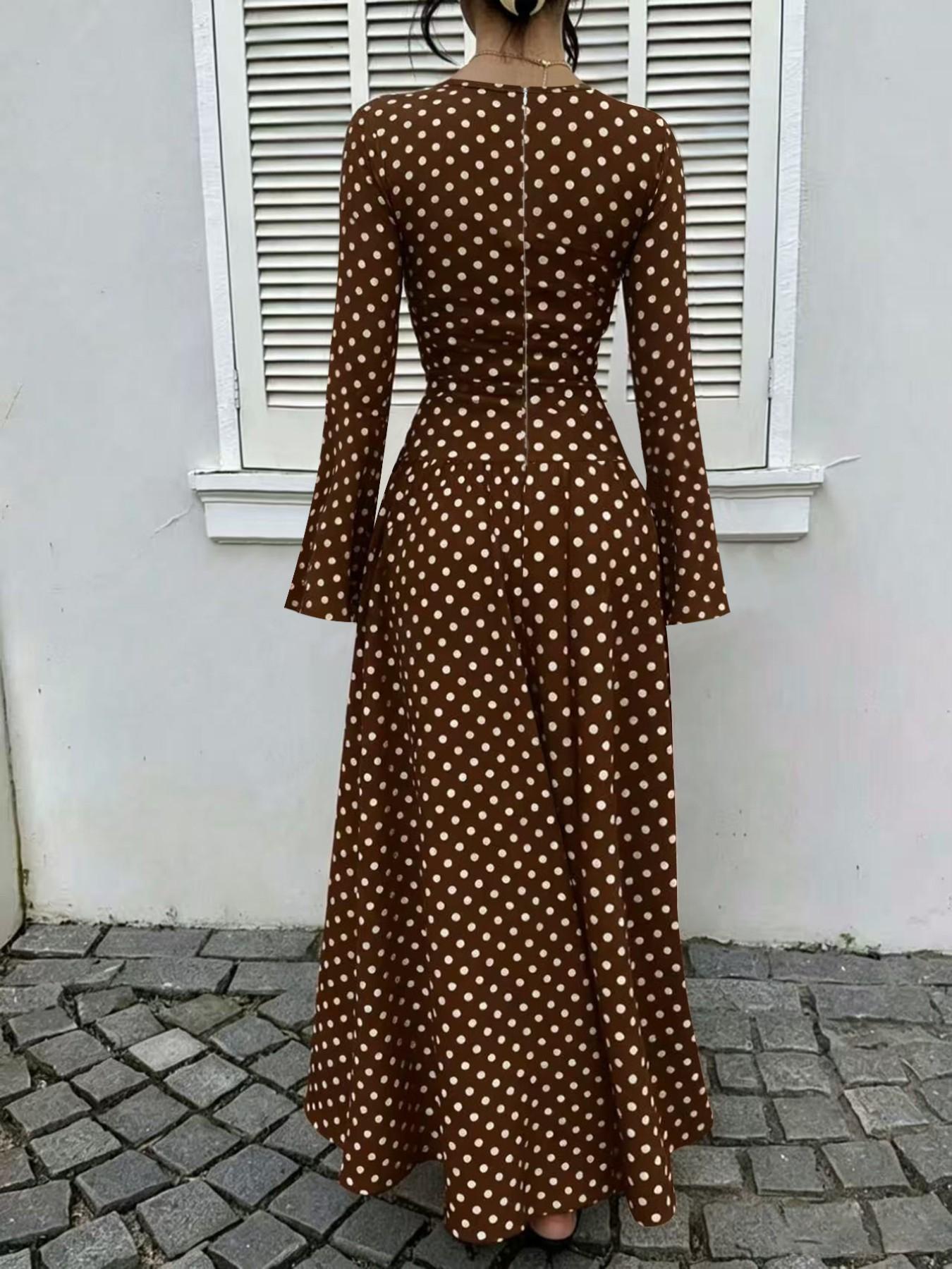 Women's Polka-Dot Fitted Long-Sleeve Maxi Dress with Flared Sleeves and Ruched Waist, Casual Dress for Daily Wear, Dates and Commuting, Brunch Dresses, Everyday