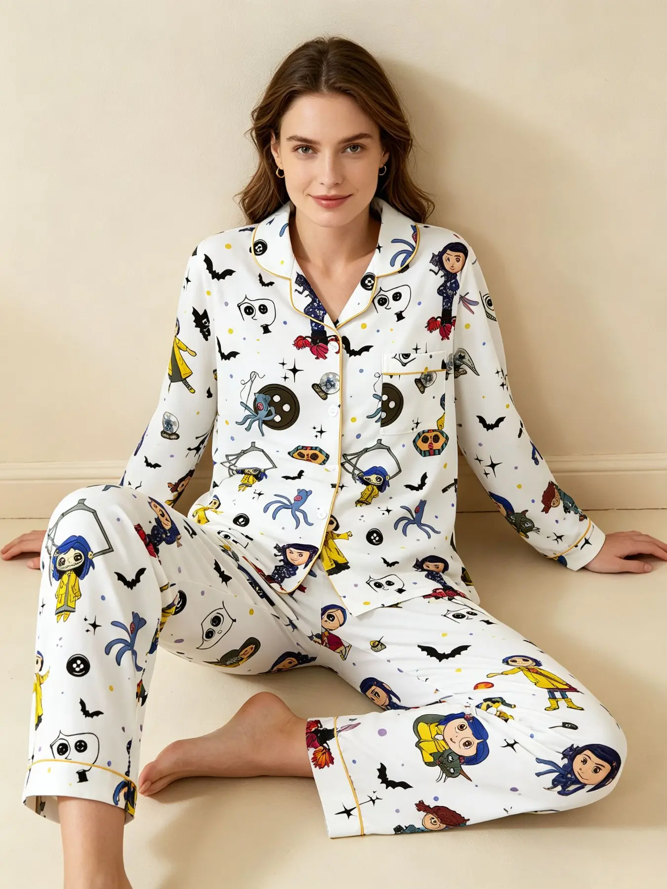 Women's Pajama Set with Cartoon Print, Long Sleeve Shirt and Pants, Casual Fitted Sleepwear, All Seasons, Party Gift, Home Wear, Loungewear