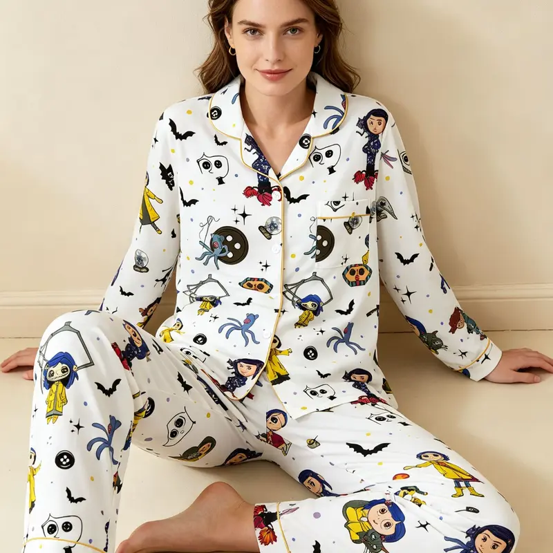 Women's Pajama Set with Cartoon Print, Long Sleeve Shirt and Pants, Casual Fitted Sleepwear, All Seasons, Party Gift, Home Wear Pyjamas