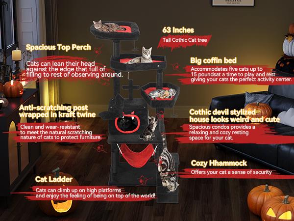 Yitahome Gothic Cat Tree with Coffin Bed, 63"/38.6" Tall Cat Tower for Cats with Top Perch, Spacious Cat Condos, Spider Hanging Balls,Comfy Hammock, Scratching Post and Ladder Yitahome Gothic Cat Tree with Coffin Bed, 63"/38.6" Tall Cat Tower for Cats with Top Perch, Spacious Cat Condos, Spider Hanging Balls,Comfy Hammock, Scratching Post and Ladder