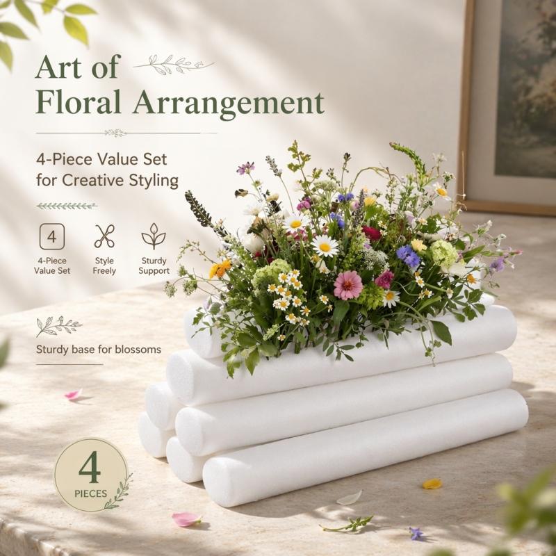4 Pack Cylindrical Floral Foam Rods, Creative Floral Arrangement Sticks, DIY Floral Decoration, Sturdy Base Support For Fresh Flowers, DIY Bouquet Craft Supplies