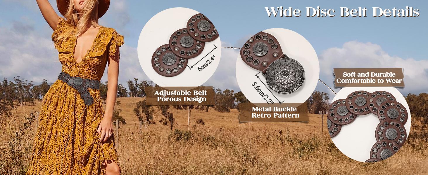 SUOSDEY chunky belt vibes Western Belts for Women Vintage Disc Waist Belts Concho Leather Belts Boho Waist Belt for Dress Jeans