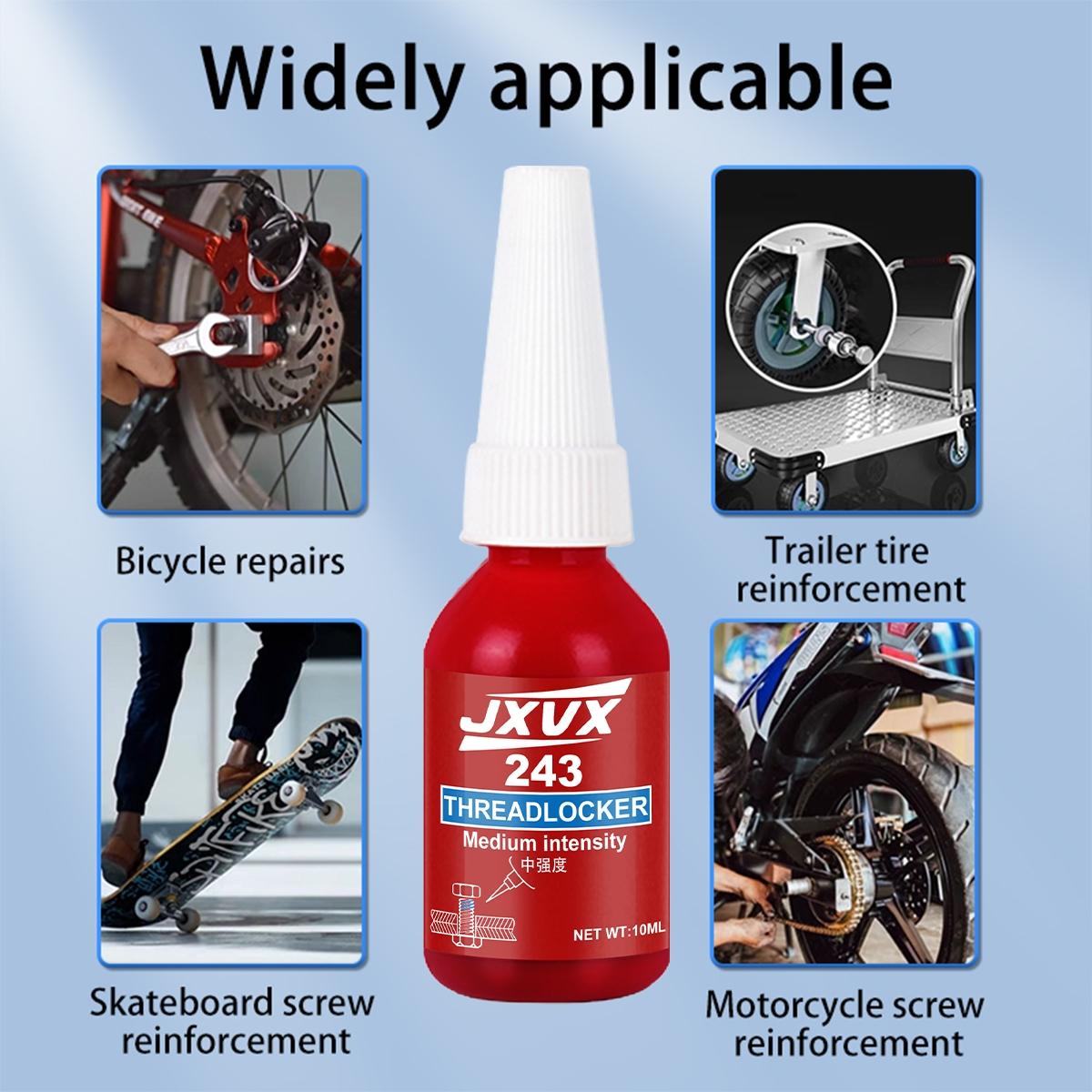 243 Threadlocker. Thread locking adhesive. High‑strength anaerobic glue. Heat‑resistant. Special adhesive for anti‑loosening and fastening. Prevents automobile wheel hub bolts from loosening.