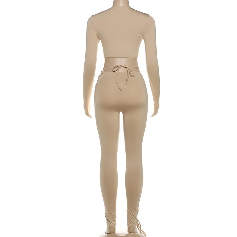 DOUCIU Trendy And Personalized Street Hip-Hop Sports Casual Streetwear Tracksuit Set Stretchy Suit Set Solid Color Basic Women'S Thin Long Sleeved Crop Top Paired With Adjustable Perforated Drawstring Pants Two-Piece Set