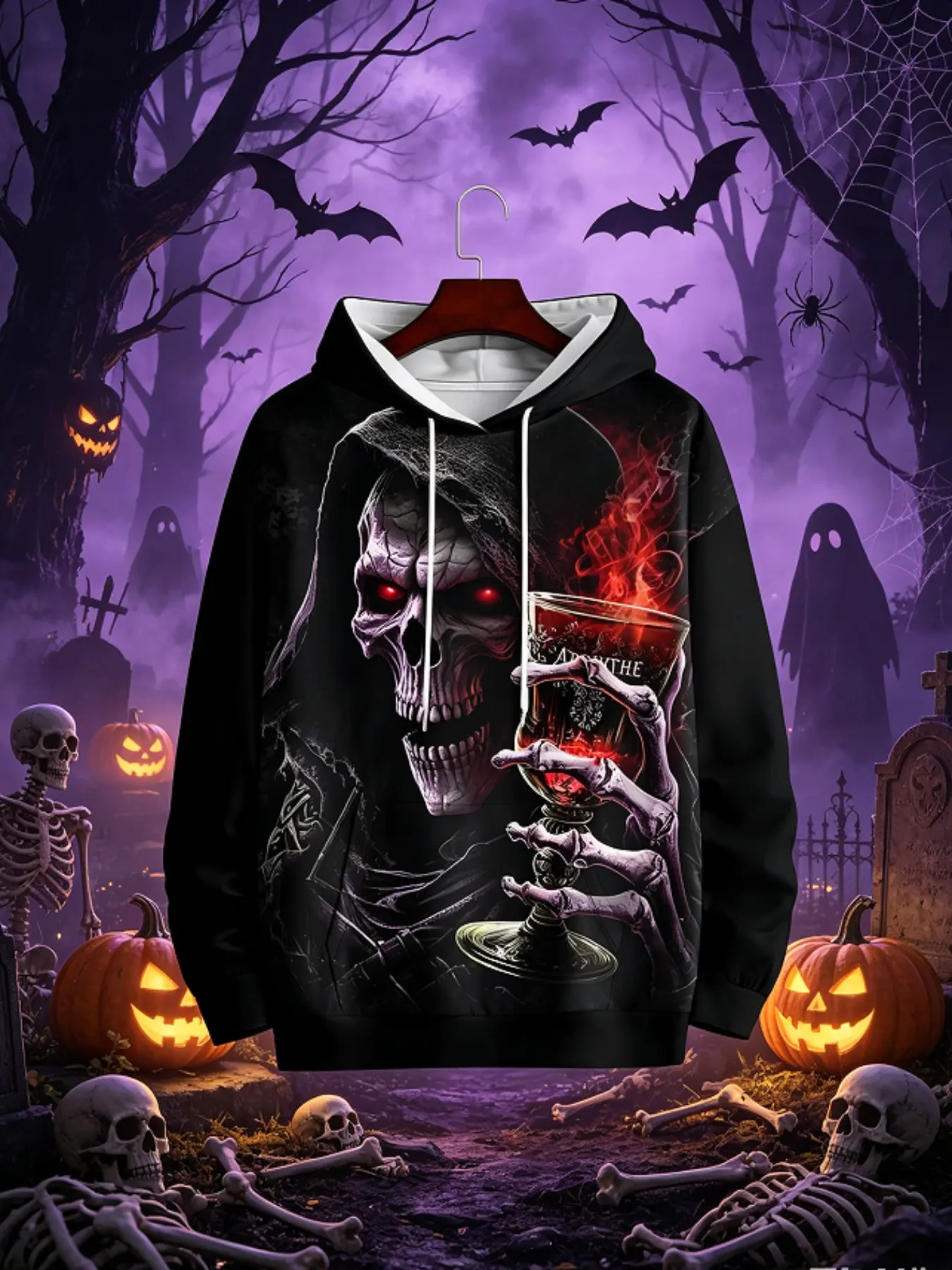 Men Grim Reaper Skull Goblet Red Smoke Full Print Drawstring Hoodie, Dark Gothic Long Sleeve Pullover Sweatshirt For Halloween Punk Street Grunge Streetwear Daily Wear