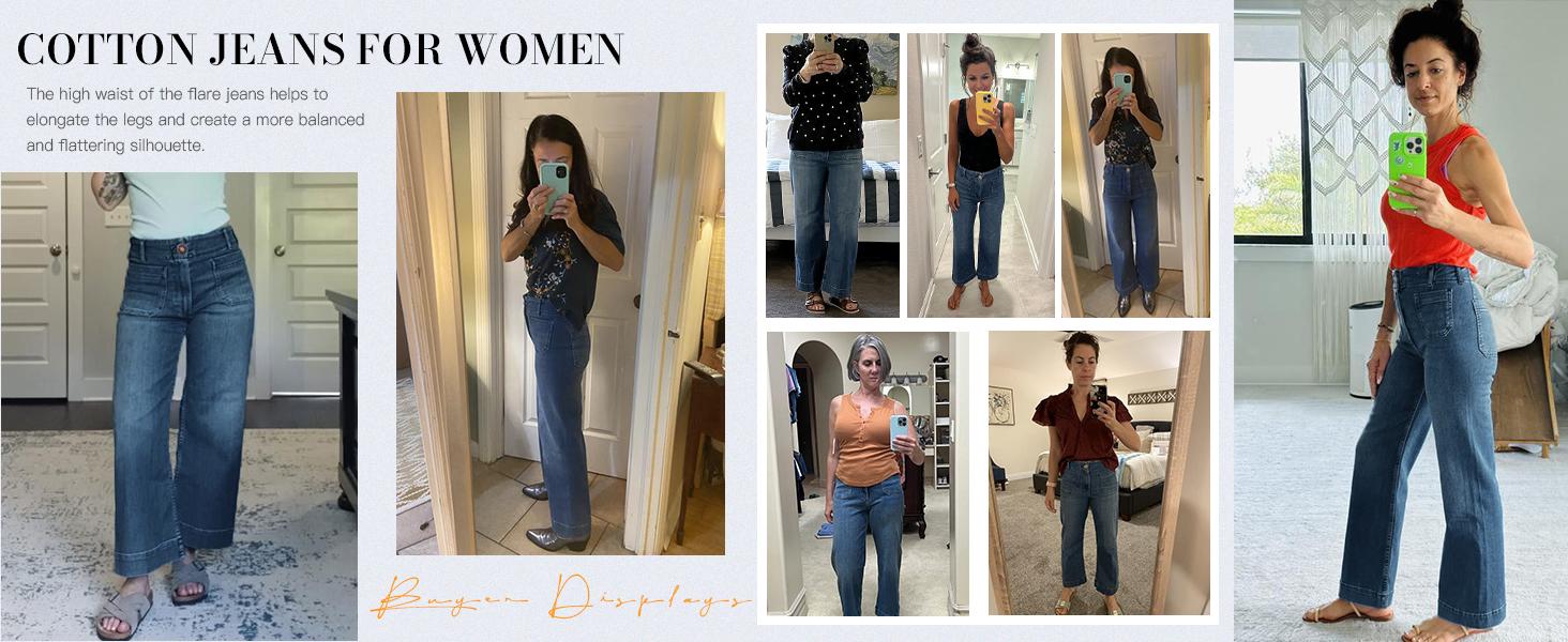 Cicy Bell Wide Leg Jeans for Women Trendy High Waisted Flare Stretchy Cropped Baggy Denim Pants with Front Patch Pockets - Womenswear