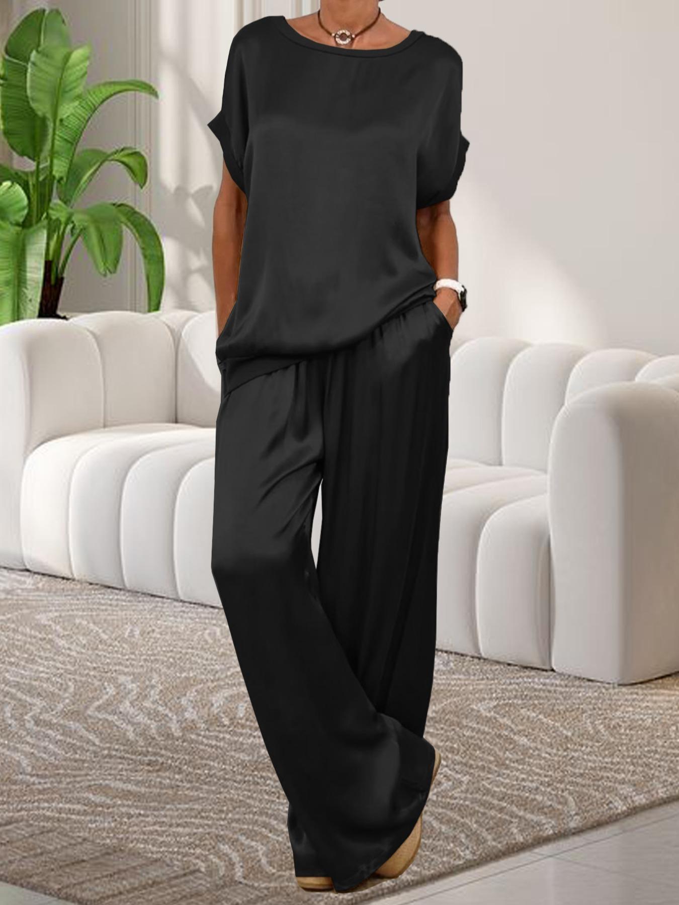 Elegant Women's Satin Fabric Round Neck Short Sleeve Pants Set, Stylish Summer, Perfect for Casual & Formal Occasions