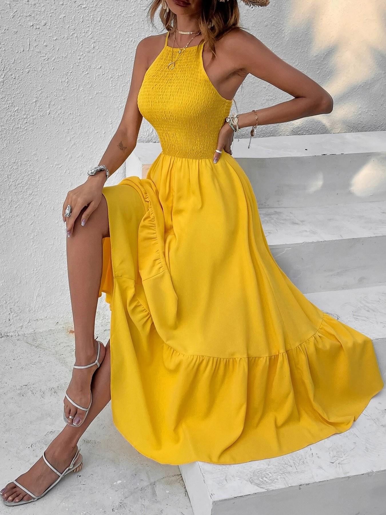 Pure Color Halter Top Front Gathered Design, Irregular Hem Waist Cinched Chic Dress, Perfect for Beach Vacation, Spring & Fall Fashion