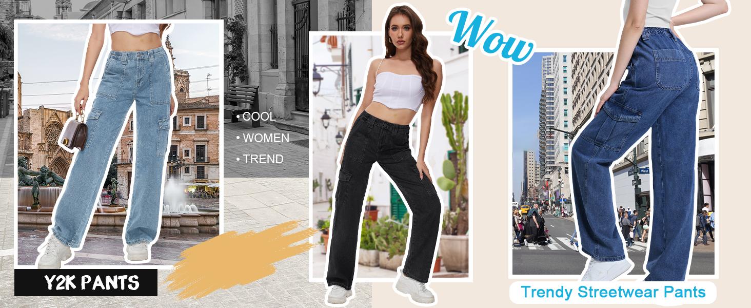 Y2K Women's Straight Leg Cargo Jeans Relaxed Fit Denim Pants, Multiple Lengths for Petite & Tall Women