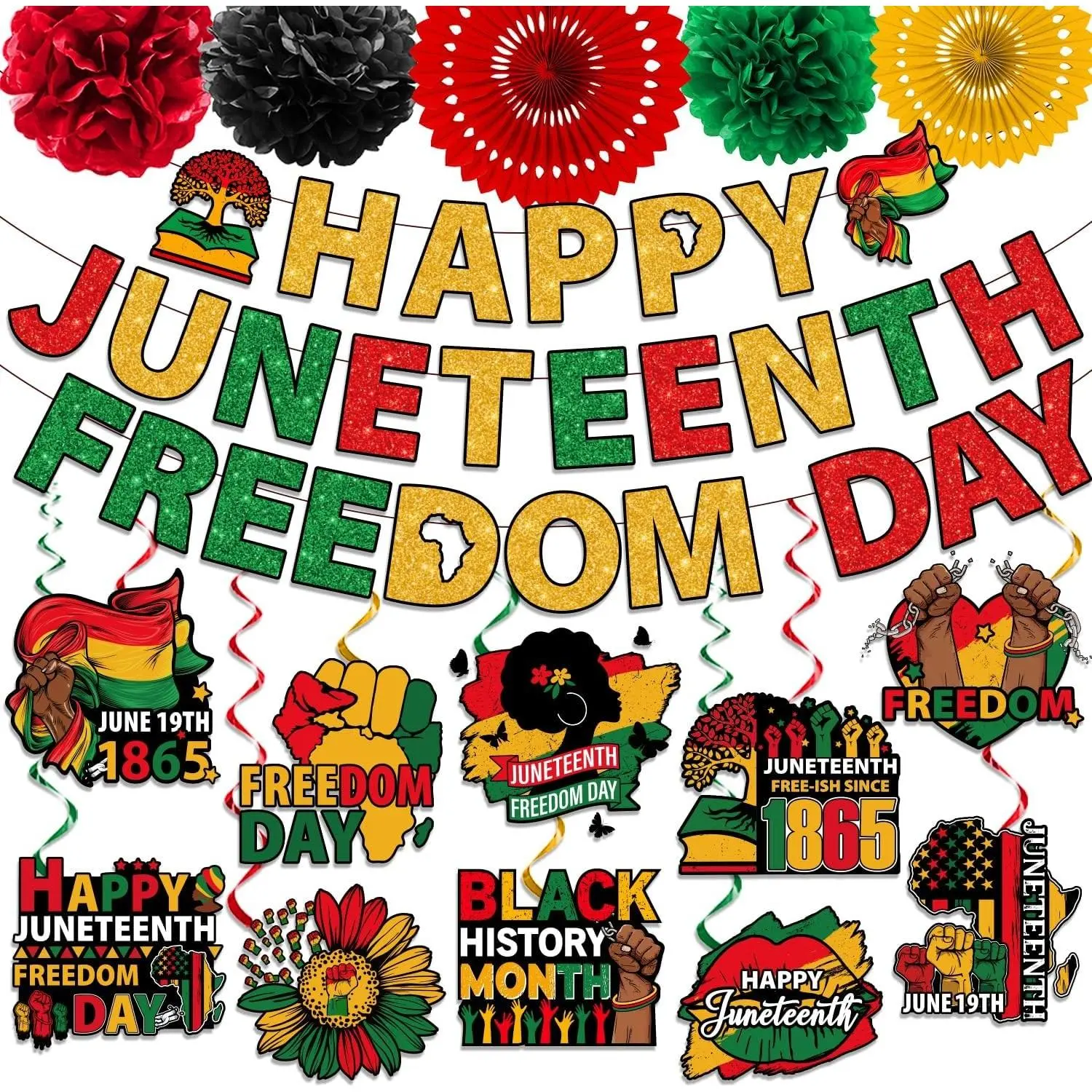 Juneteenth Decorations, Juneteenth Party Supplies Includes Juneteenth Banner Freedom day Hanging swirls and Red Yellow Green Tissue Pom Poms, 1865 June 19th Freedom Day Decorations for Home Office