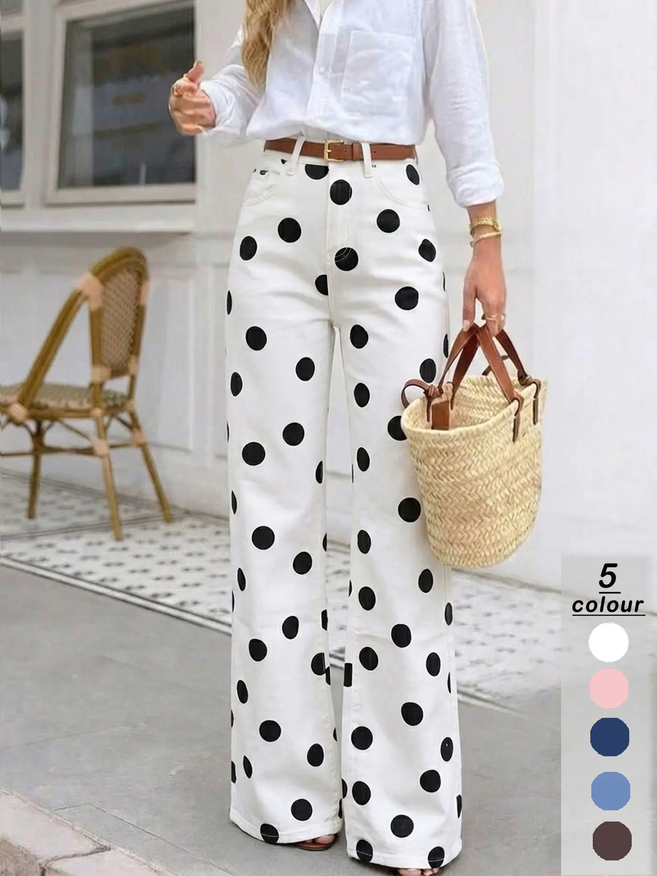 Women's Stretch Polka Dot Wide Leg Jeans, Casual All Seasons Wear, Comfortable & Stylish Womenswear