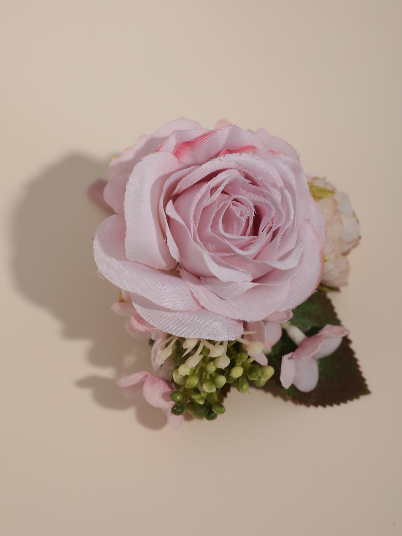 Artificial Rose Wedding Corsage with Leaves, Handmade Flower Brooch for Groom Bride Bridesmaid, Elegant Prom Party Hair Accessory