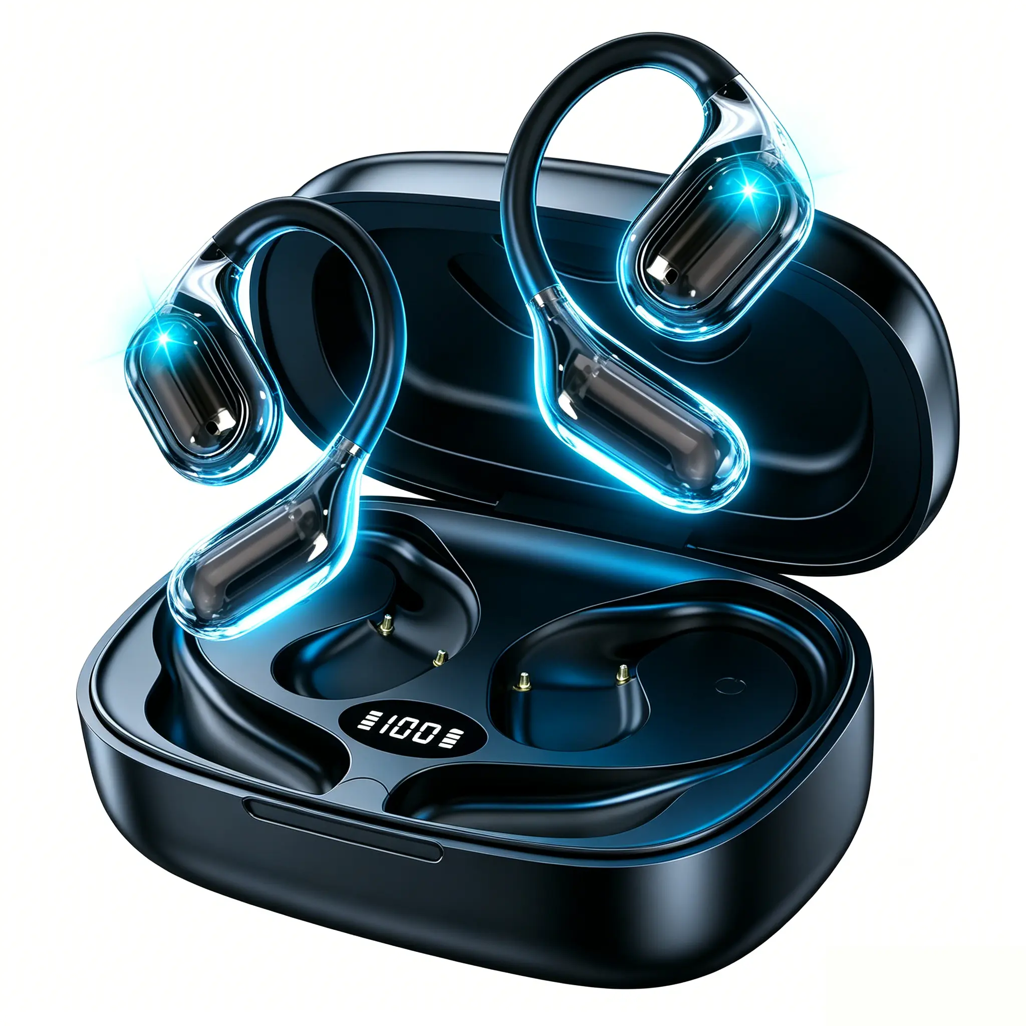 Kncfoeb AI Translation Earbuds Real Time Open Ear Earbuds Support 185 Languages No Subscription,Over Ear Earbuds with Earhook,Bluetooth Headphones 5.4 with Smart Digital Display,45H Playtime,IPX6 Waterproof,Touch Control Operate Fit Cycling,Learning